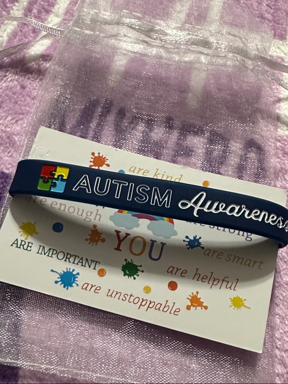 Autism Awareness Silicone Bracelet with Positive affirmation card in sheer bag
